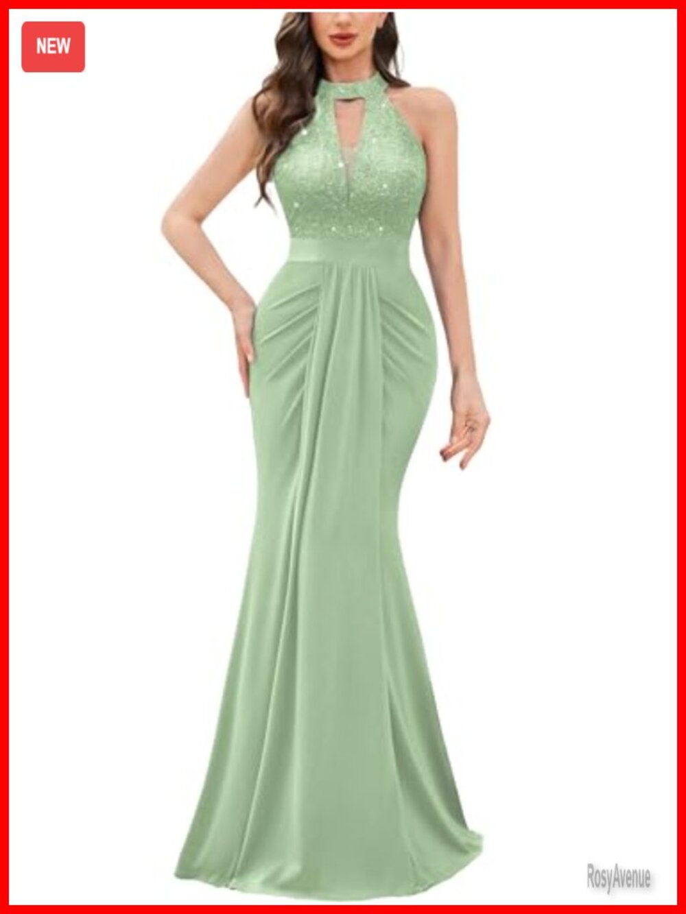 Halter V-Neck Lace Sequin Pleated Formal Evening Maxi Dress
